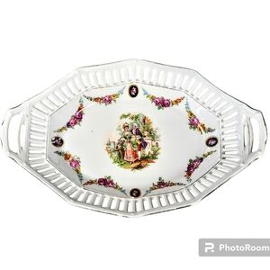 #1227 vtg  Porcelain Bowl GERMANY RETICULATED Edge DOUBLE HANDLE Couple design